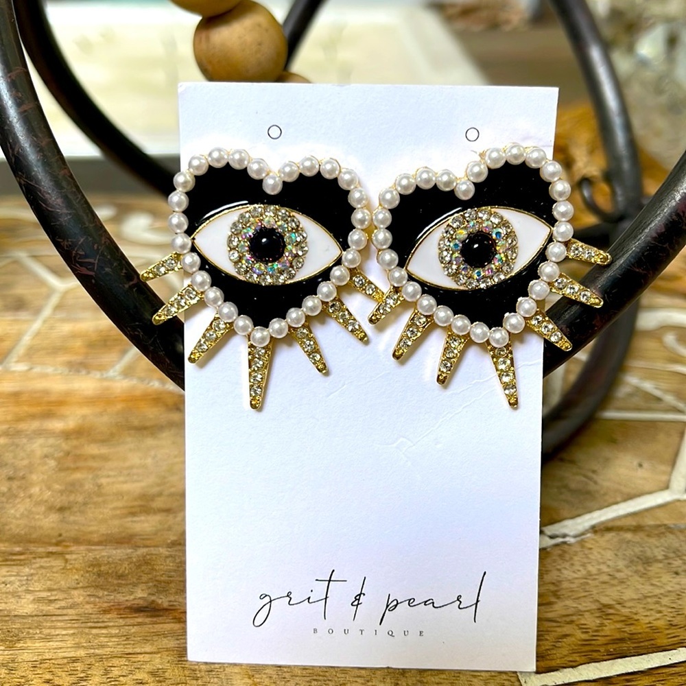 Pearl Heart Evil Eye Rhinestone Statement Earrings